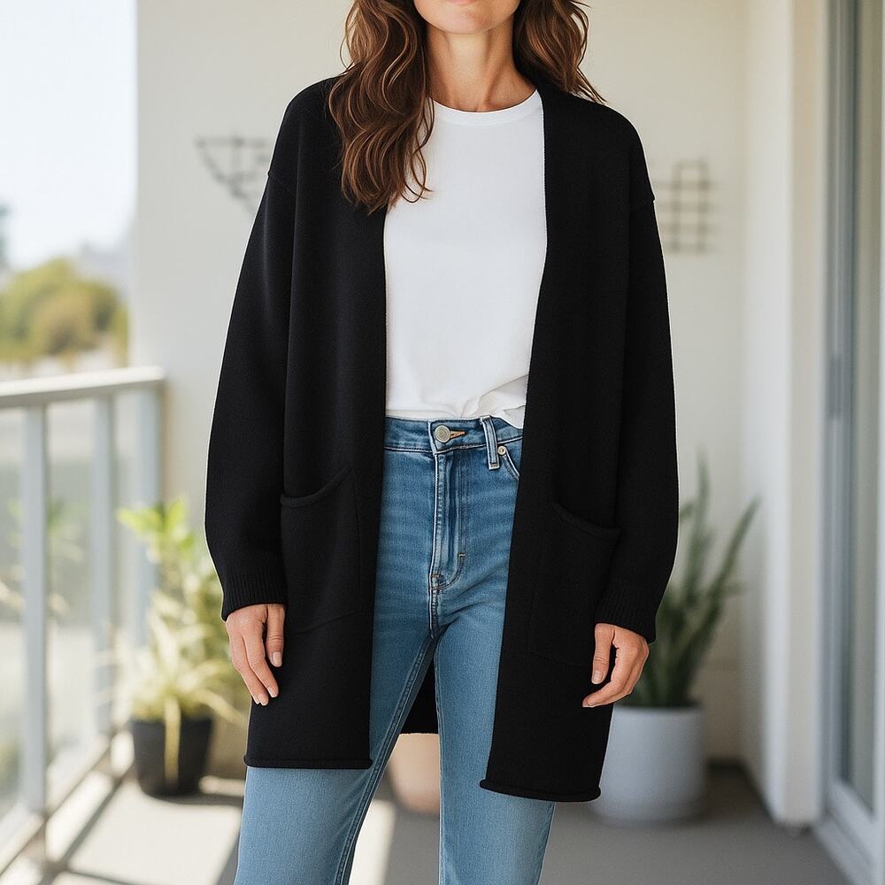 Lars Andersson Wool Designer Knit Long Open Front Cardigan Sweater Duster Black